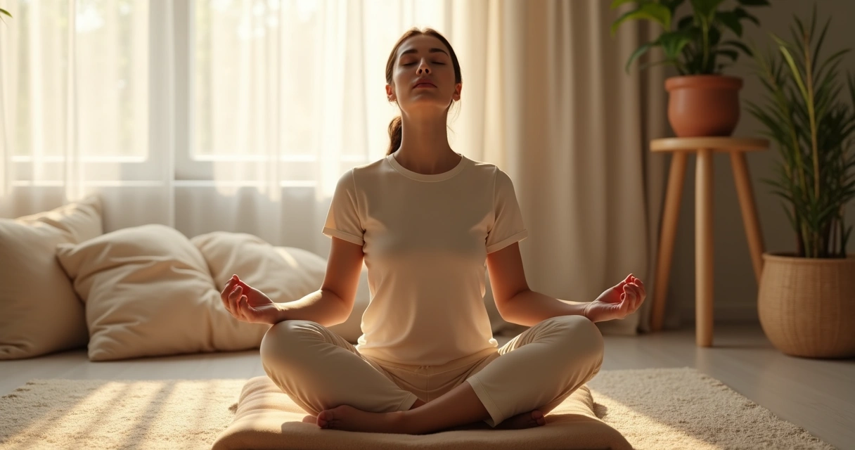 Pessoa sentada em almofada praticando respiração calma em ambiente de casa com luz suave