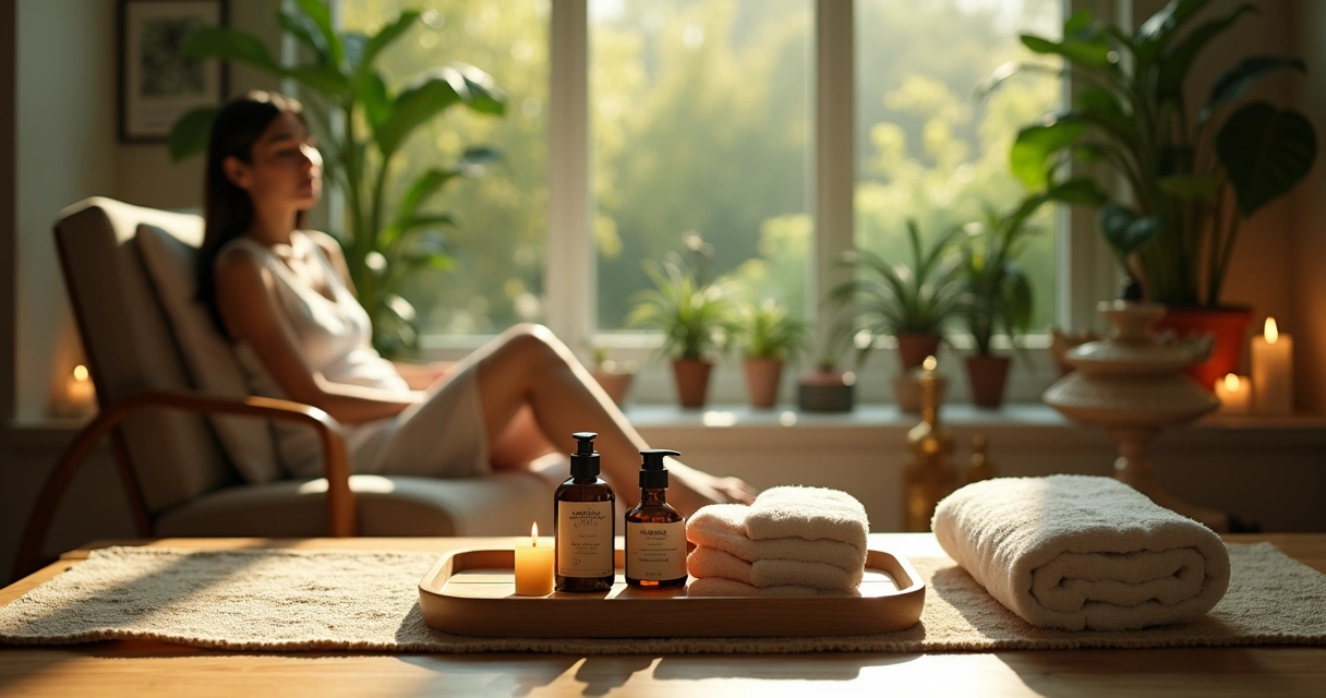 Ritual de autocuidado com spa em casa, ambiente acolhedor com elementos naturais 