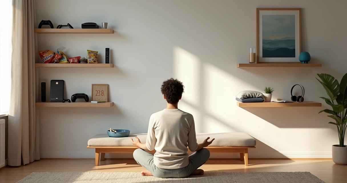 Pessoa em sala tranquila equilibrando objetos de rotina e autocuidado em prateleiras opostas 