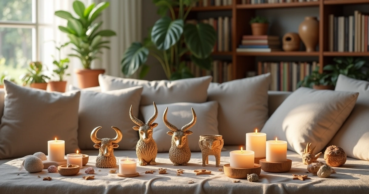 Ambiente acolhedor com objetos ligados aos signos do zodíaco dispostos de forma harmônica em casa. 