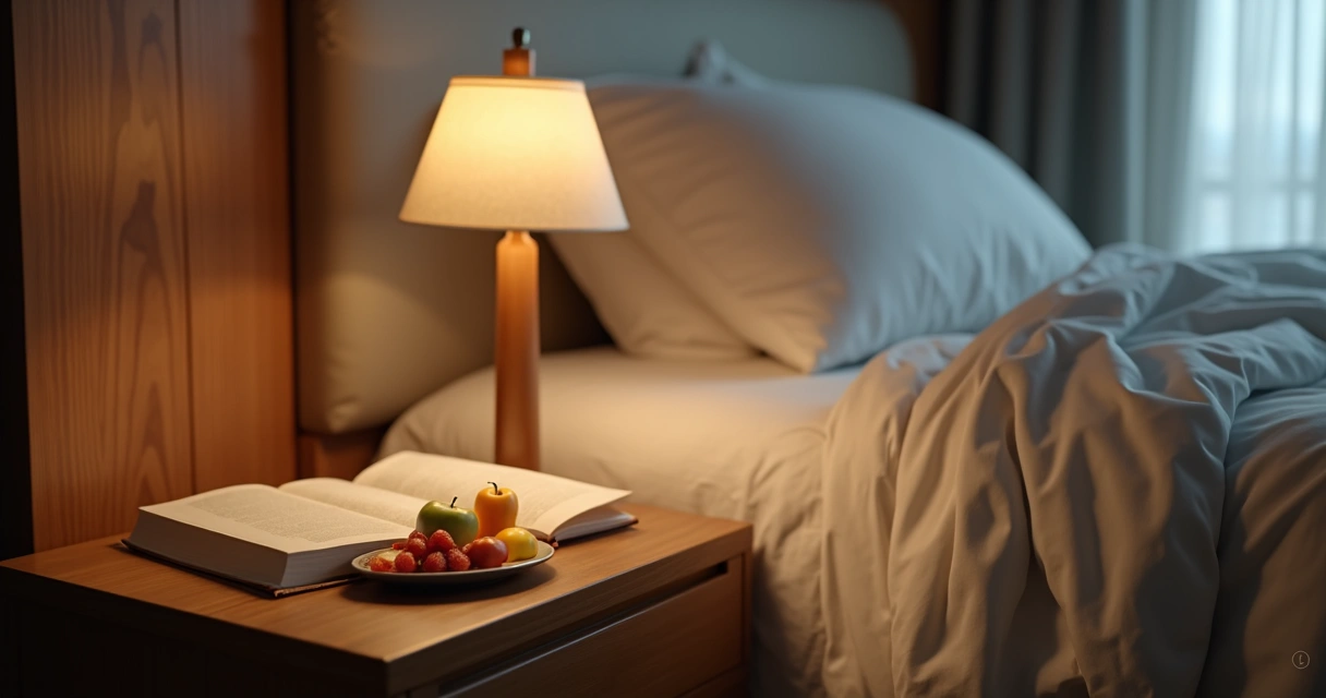Mesa de cabeceira com abajur ligado, livro, e prato com frutas coloridas; cama ao fundo e ambiente acolhedor 