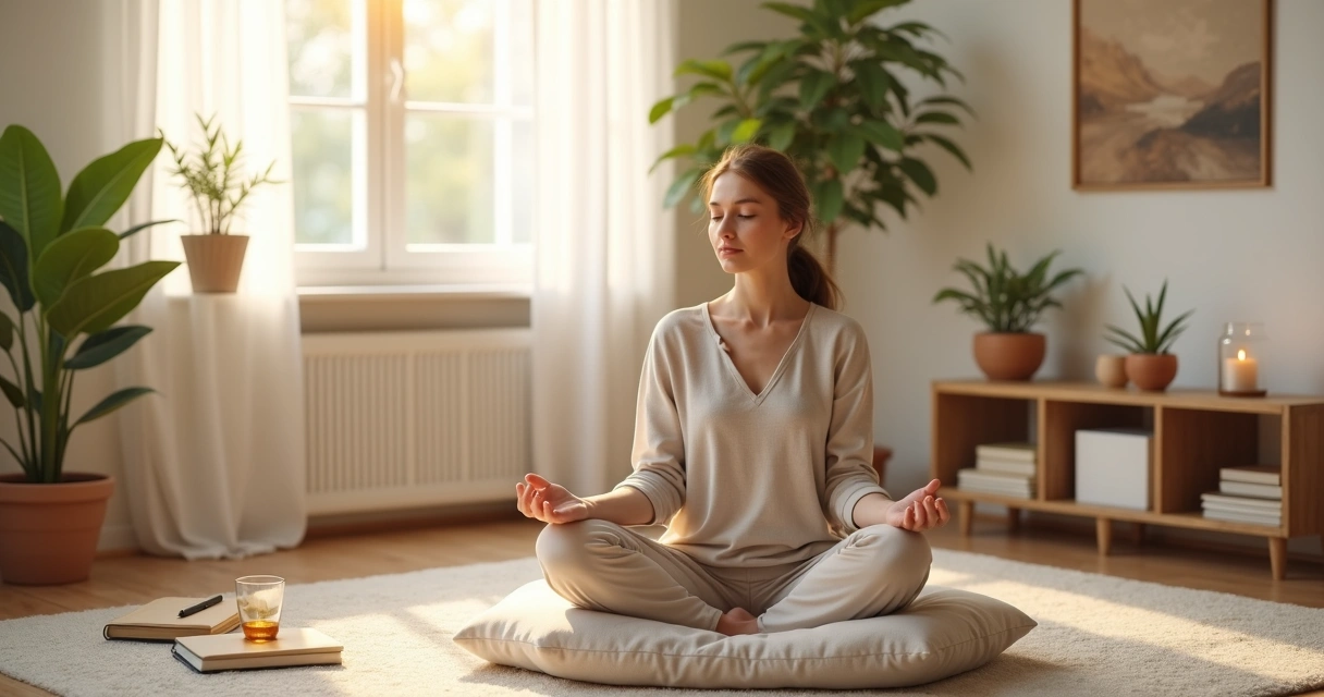 Pessoa sentada em posição de meditação em sala iluminada praticando autocuidado emocional 