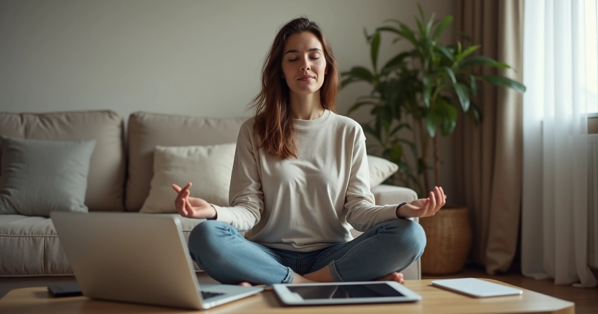 Persona meditando con dispositivos electrónicos alrededor 