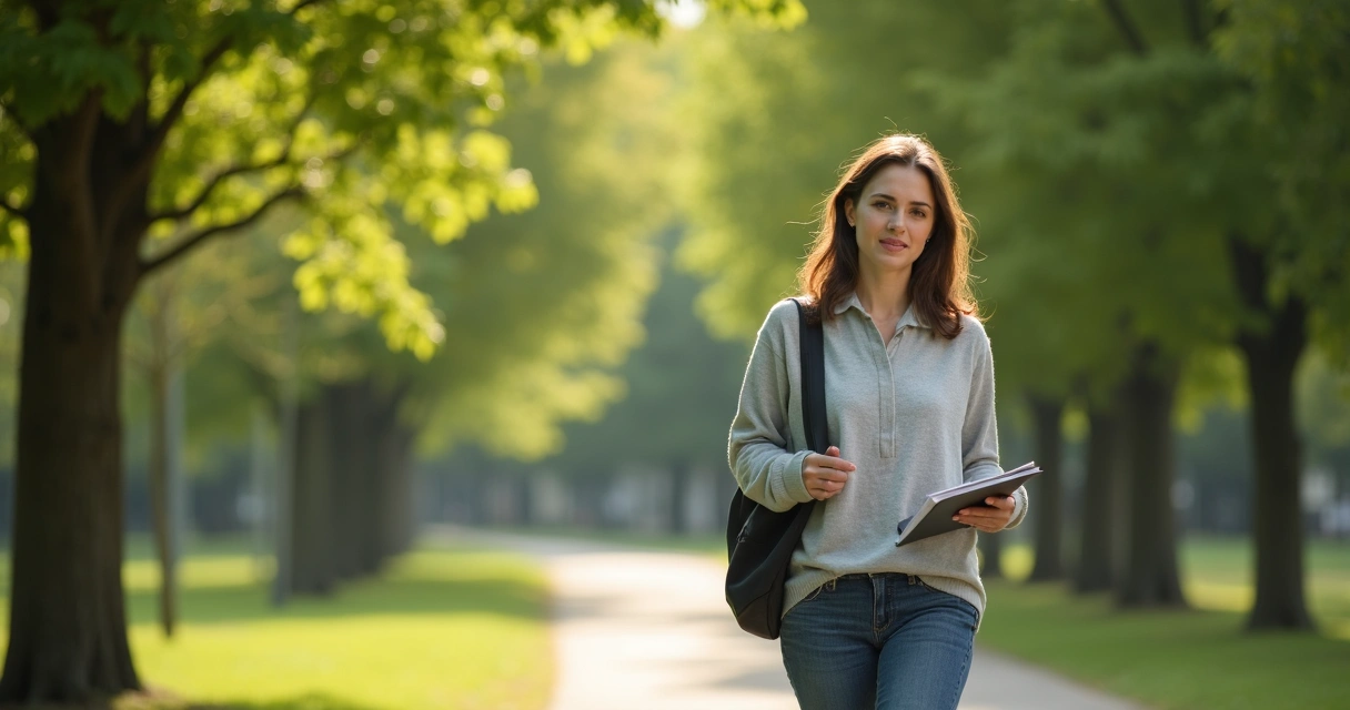 Profissional em caminhada tranquila em área verde após atendimento 