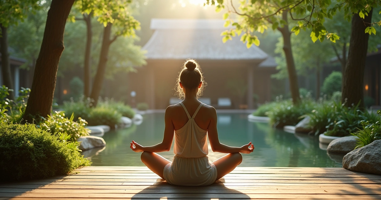 Pessoa pratica meditação em meio à natureza do spa 