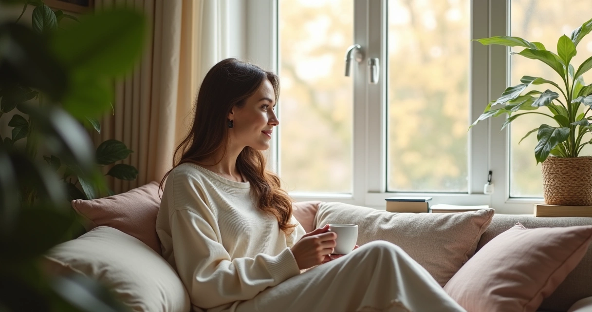 Mujer disfrutando tiempo personal con una taza de té junto a una ventana 