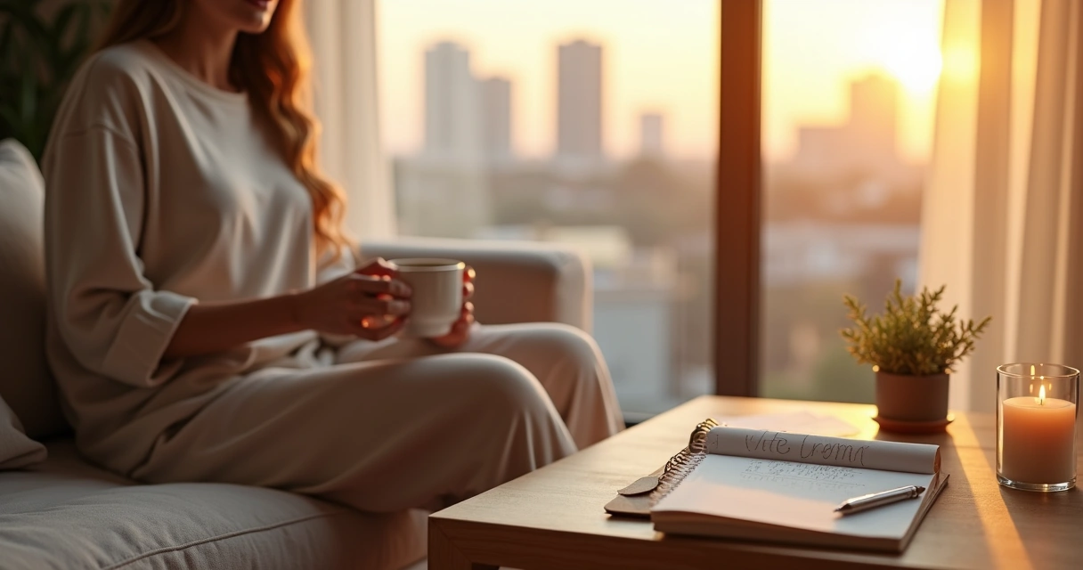 Persona reflexionando sobre decisiones mientras practica autocuidado consciente 