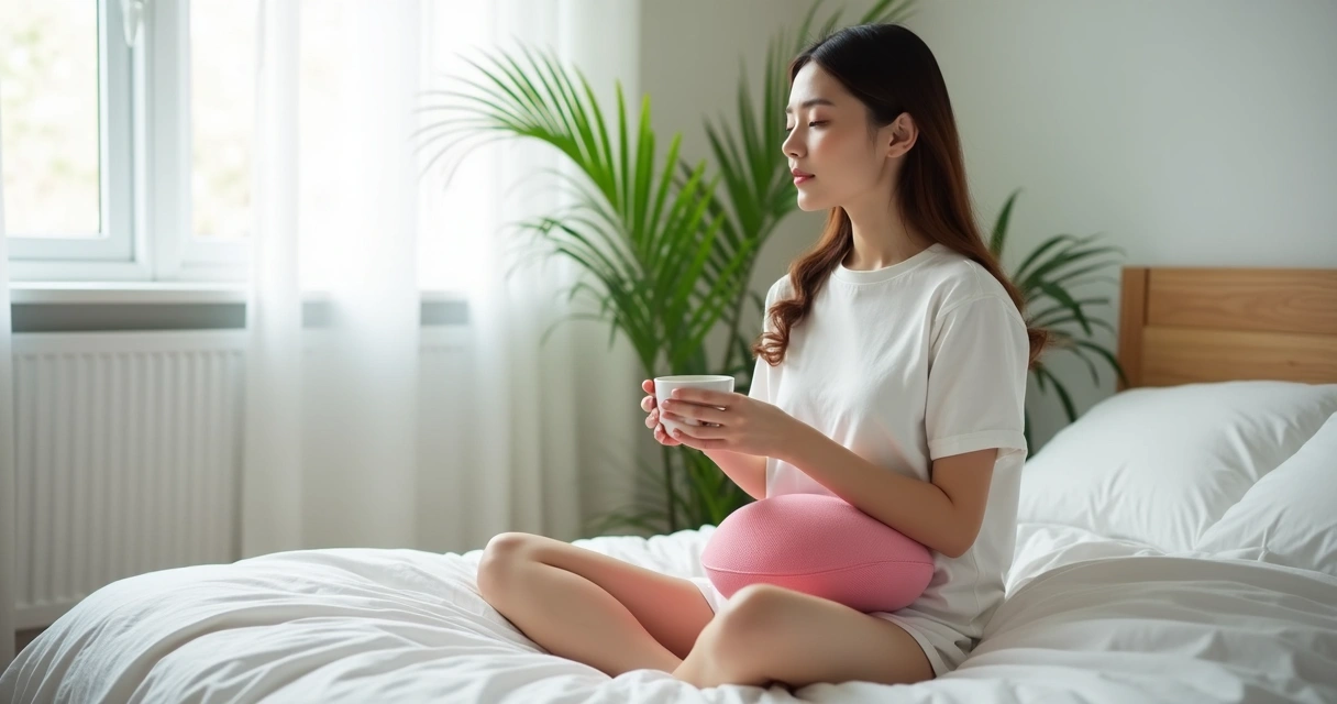 Mulher relaxando sentada na cama com chá e almofada térmica