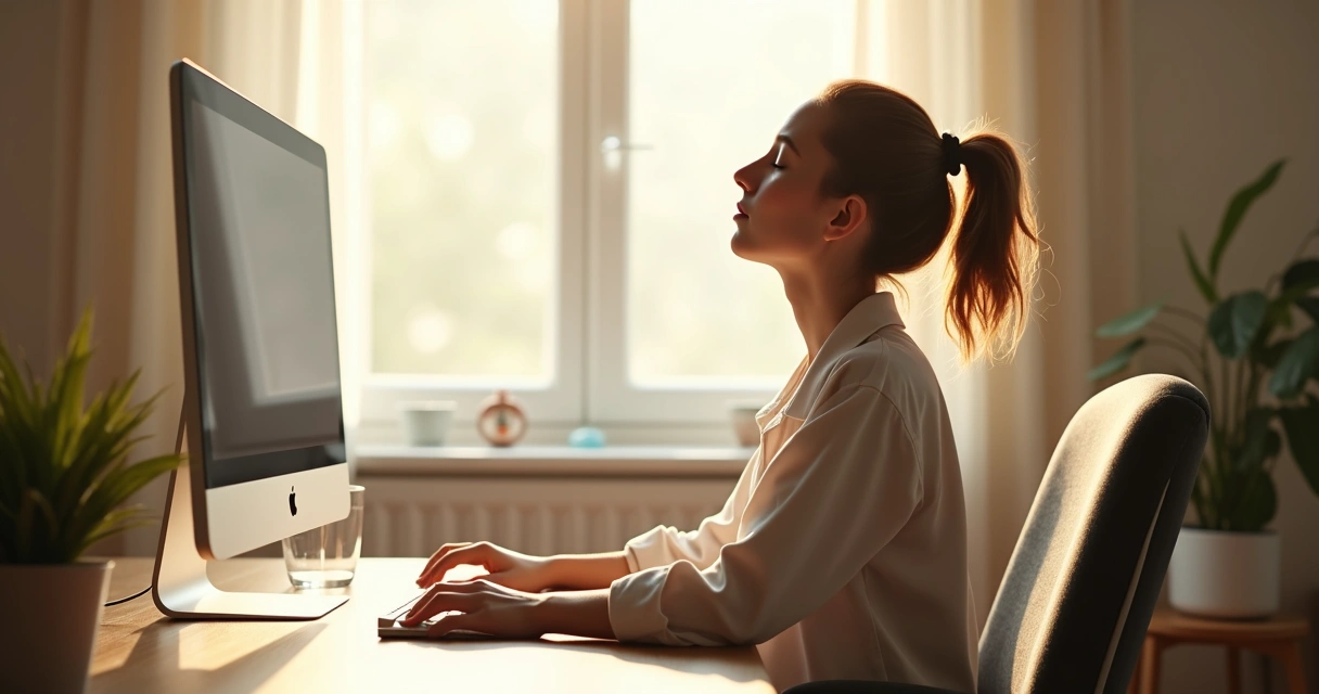 Pessoa sentada, olhos fechados em frente ao computador, respirando fundo 