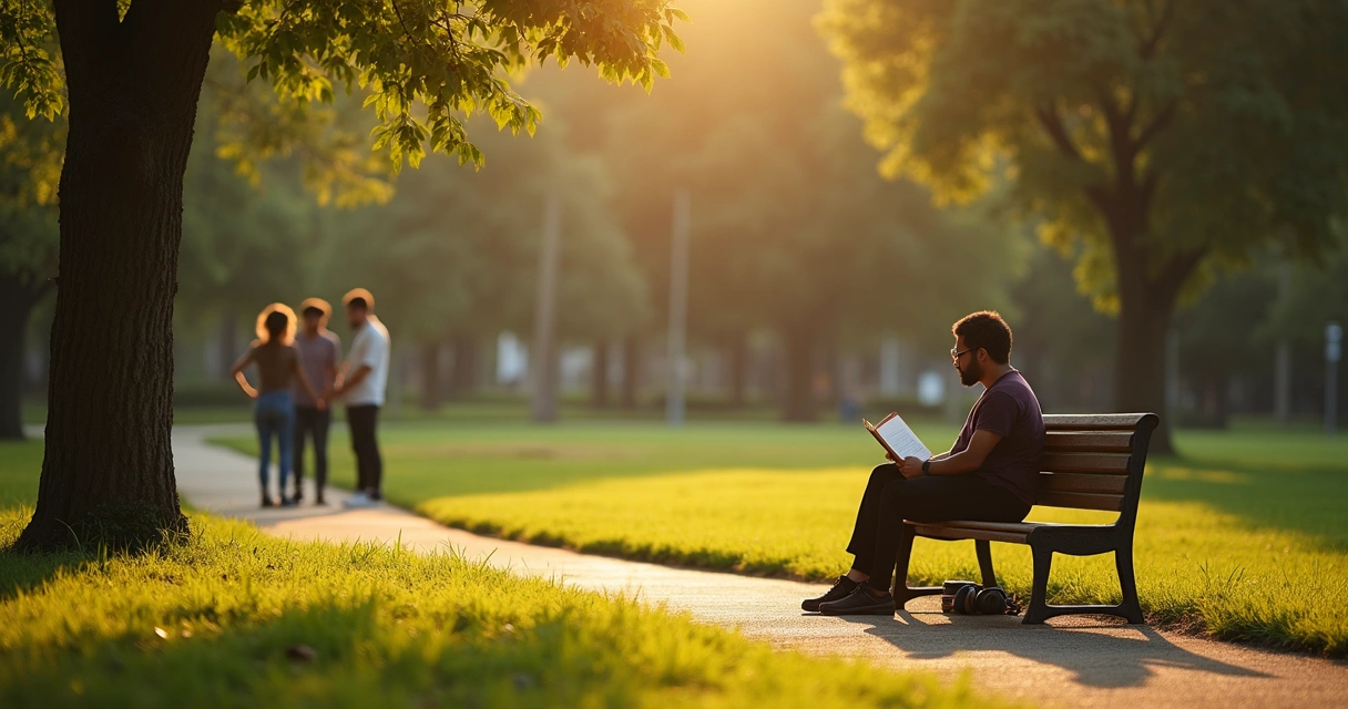 Persona en banco de parque con libro y amigos al fondo manteniendo distancia consciente 