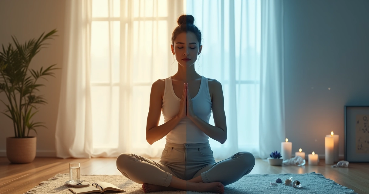 Mujer sentada entre luz y sombra simbolizando autocuidado emocional y evasión espiritual 