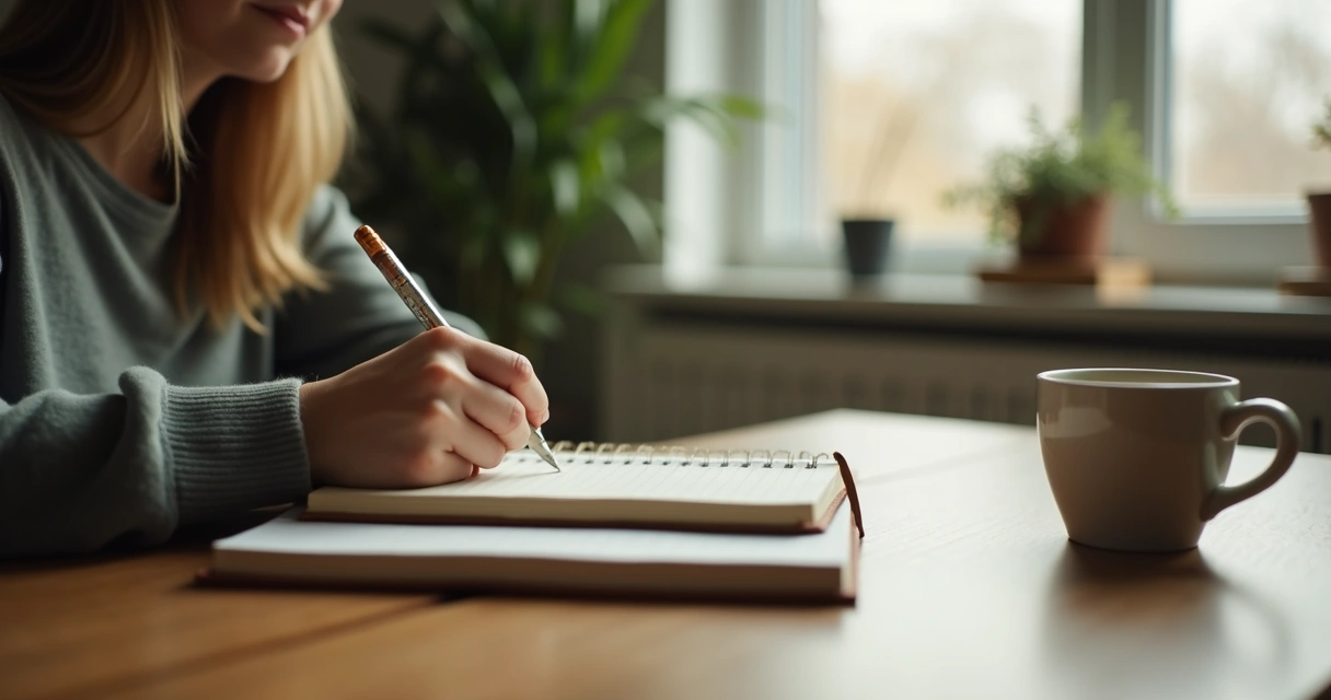 Persona escribiendo en un cuaderno junto a una taza y una ventana