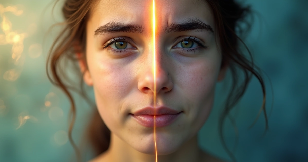 Rosto dividido entre lado sereno e lado sobrecarregado simbolizando autocura e autossabotagem emocional 