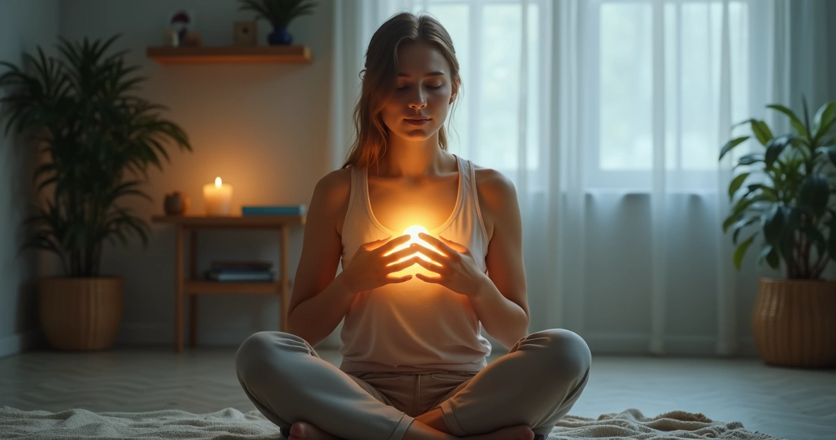 Pessoa sentada em meditação com luz suave envolvendo o peito 