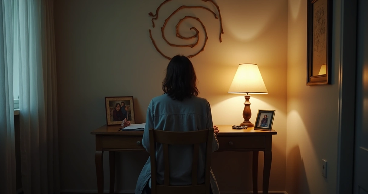 Persona sentada escribiendo en un cuaderno, luz cálida, ambiente de reflexión