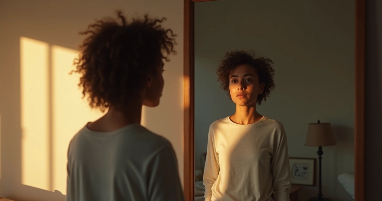 Pessoa refletindo em frente a um espelho, com expressão serena, luz suave e ambiente acolhedor 