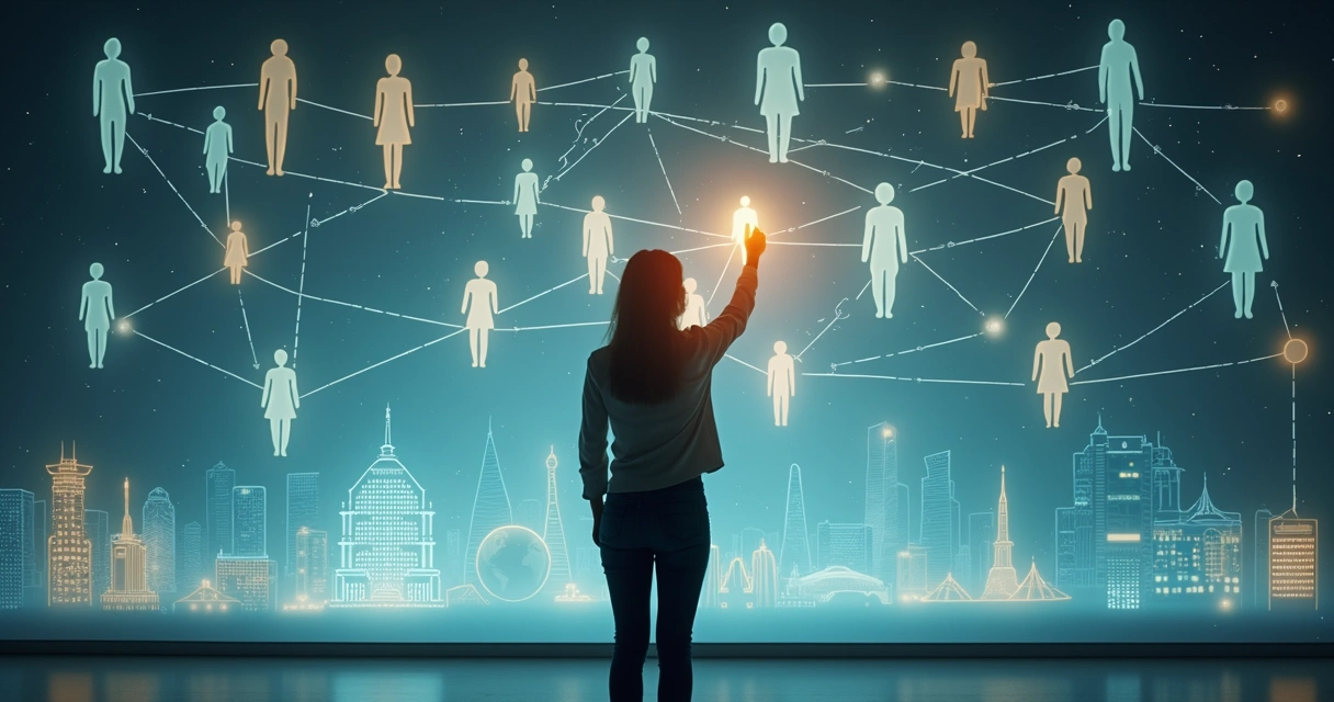 Pessoa em pé em frente a mural com silhuetas conectadas por linhas de luz 