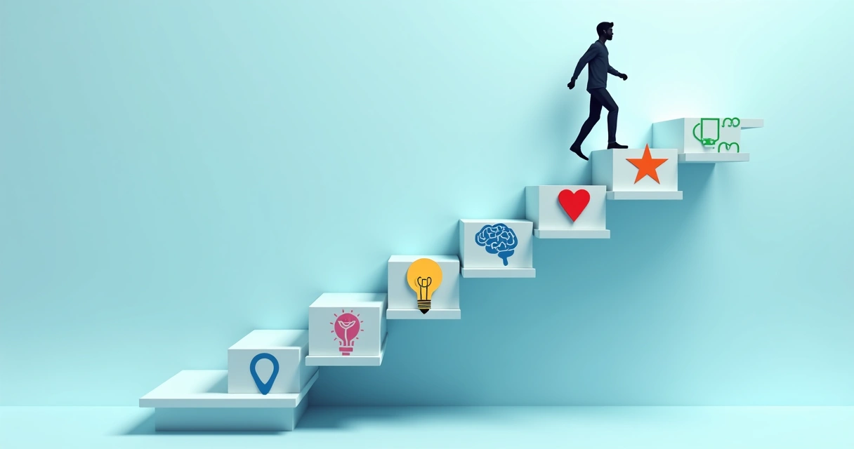 Ilustração de uma escada com sete degraus, cada degrau com símbolos representando evolução pessoal, fundo azul claro, silhueta de pessoa subindo