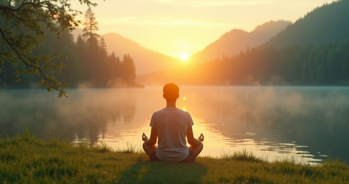 Pessoa meditando em ambiente natural com camadas coloridas representando evolução 