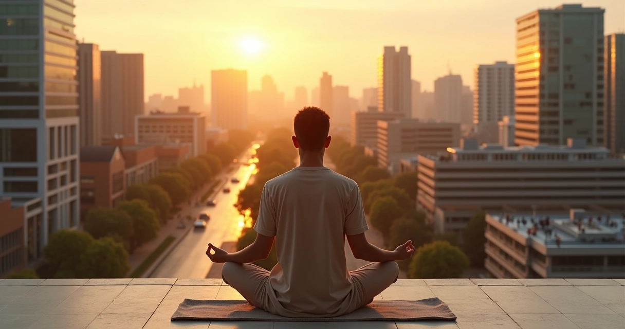 Pessoa em meditação olhando uma cidade com natureza integrada 