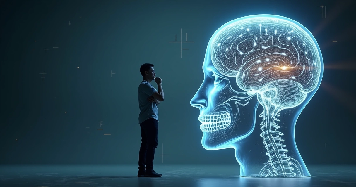 Persona observando un laberinto luminoso dentro de una silueta de cabeza humana 