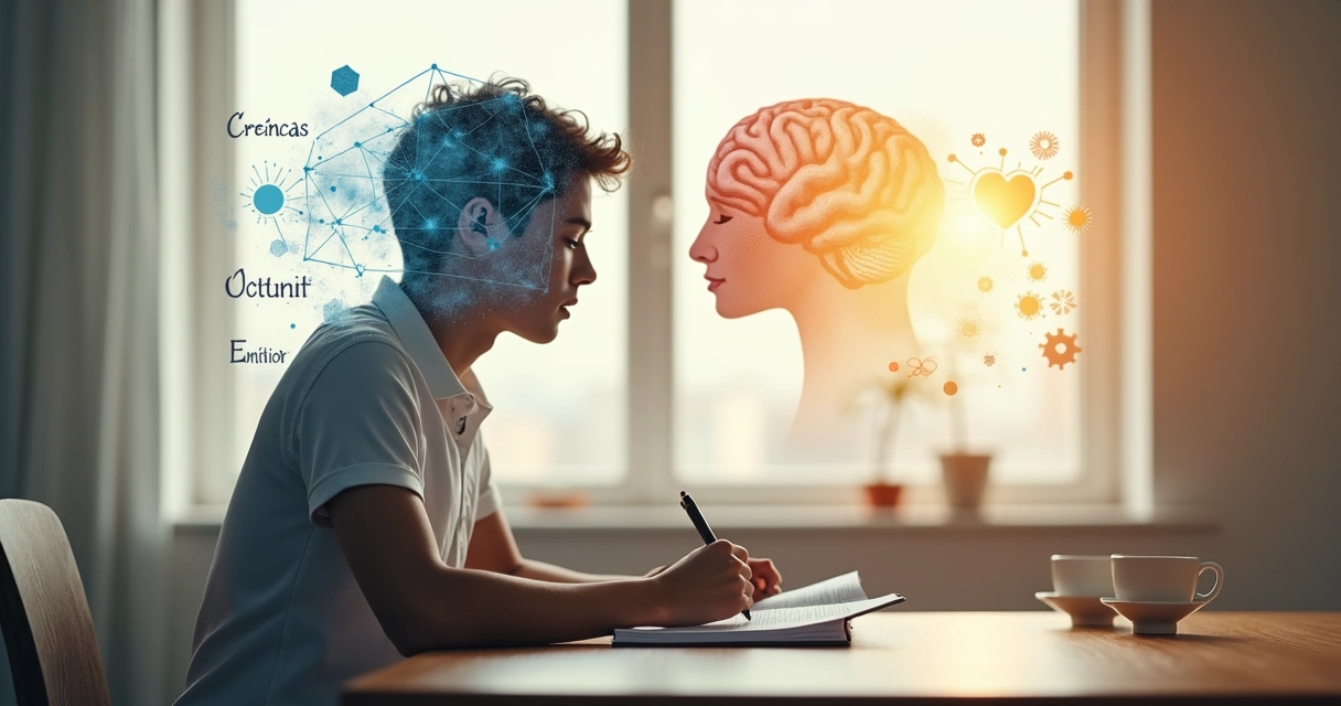 Pessoa refletindo com mente dividida entre crenças racionais e sentimentos integrados 