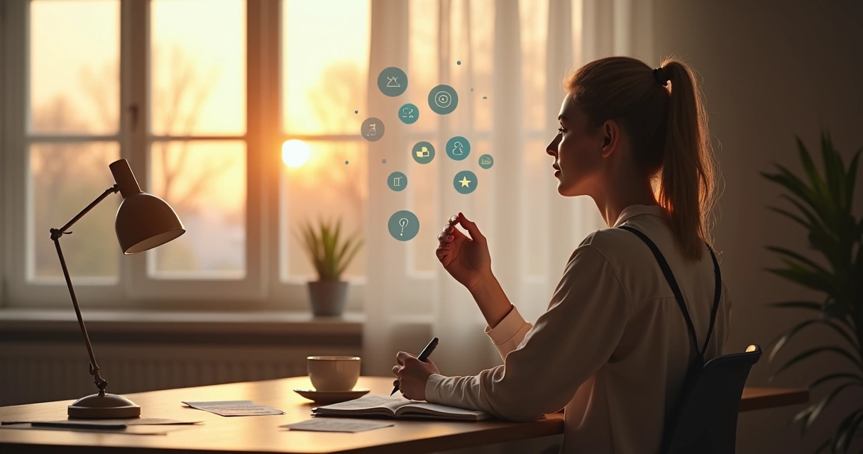 Pessoa refletindo diante de janela com camadas de perguntas e emoções ao redor 