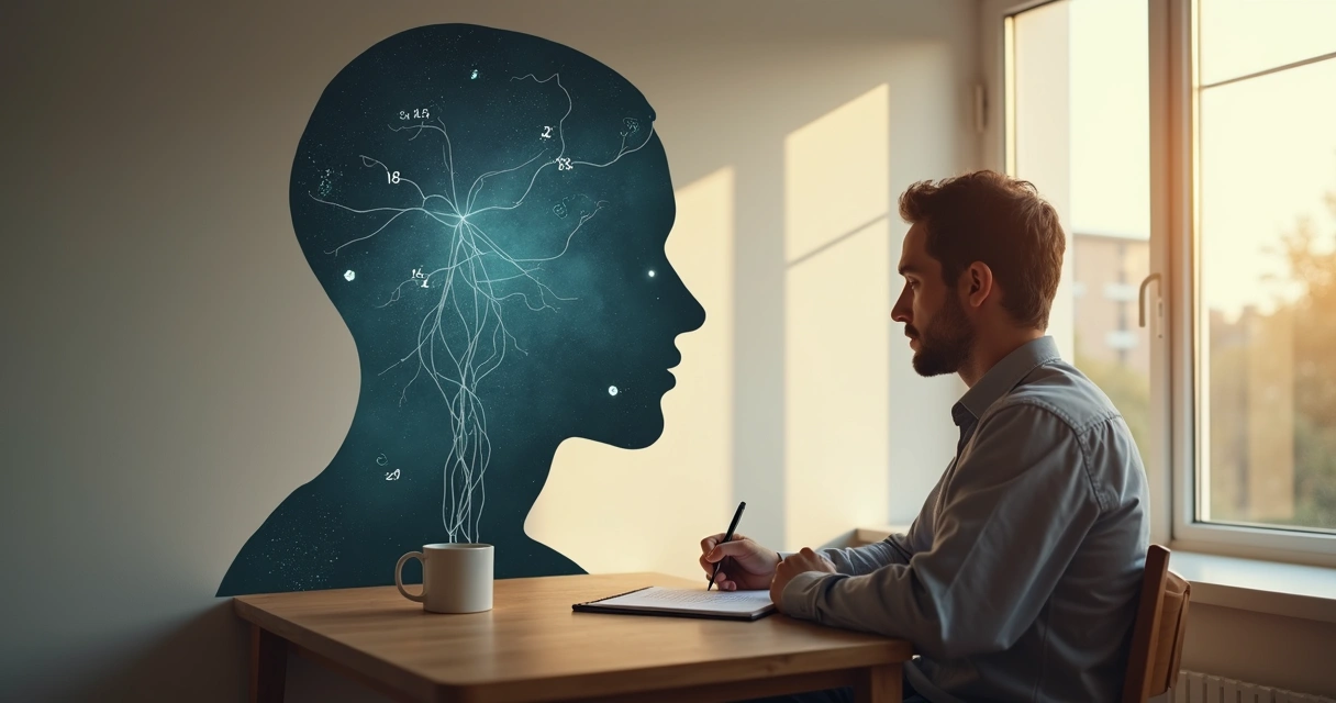 Pessoa refletindo diante de silhueta com padrões mentais abstratos 