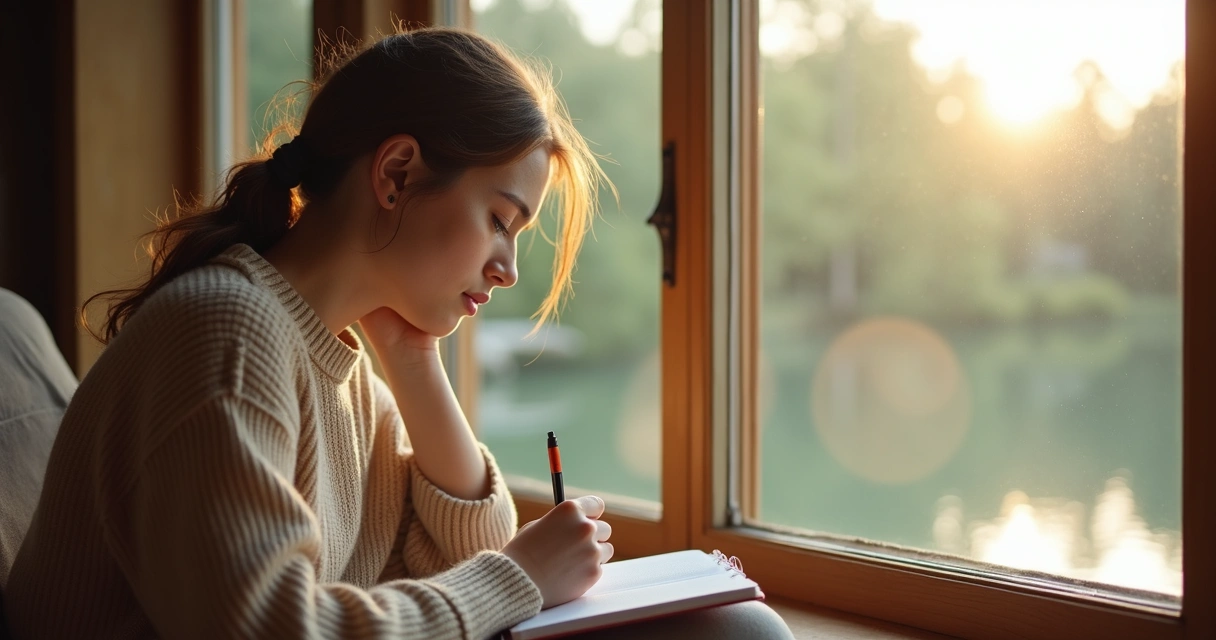 Pessoa anotando em caderno em ambiente tranquilo 