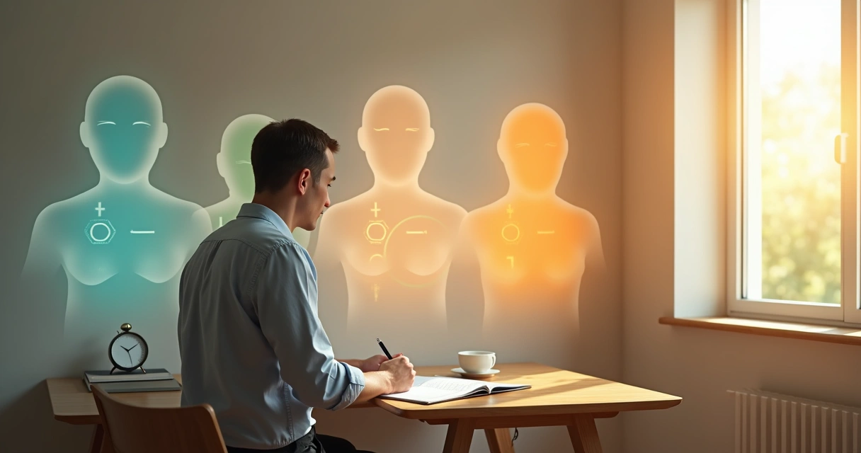 Persona reflexionando frente a tres siluetas semitransparentes que representan distintos niveles de conciencia 