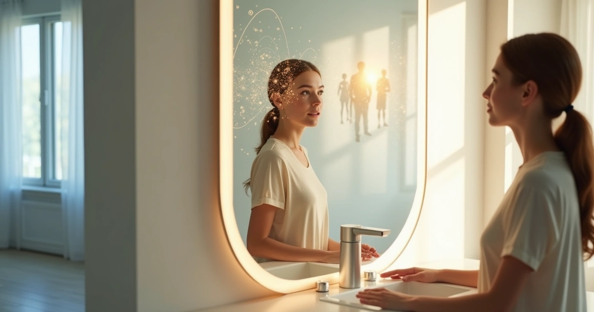 Pessoa refletindo diante do espelho com reflexo representando pensamento coletivo 