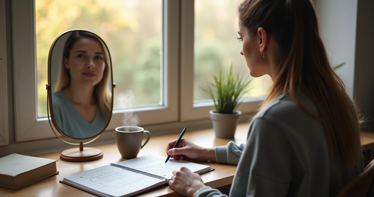 Pessoa em frente ao espelho escrevendo pensamentos organizados em caderno 
