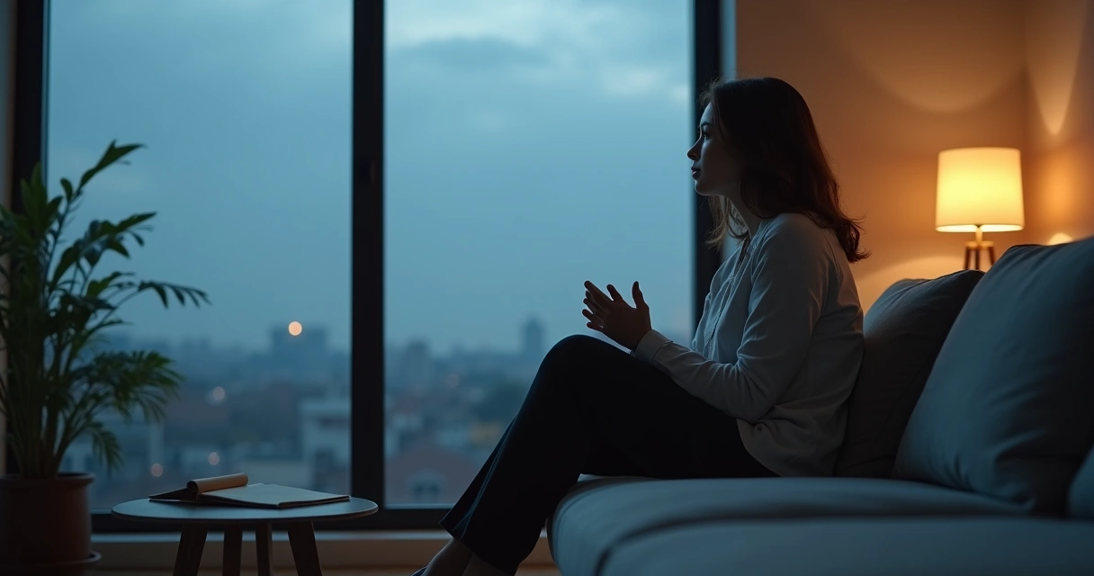 Pessoa sentada pensativa se olhando no reflexo do vidro em um momento difícil 