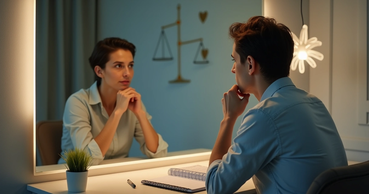 Persona reflexionando frente a un espejo con dos versiones de sí misma al fondo 