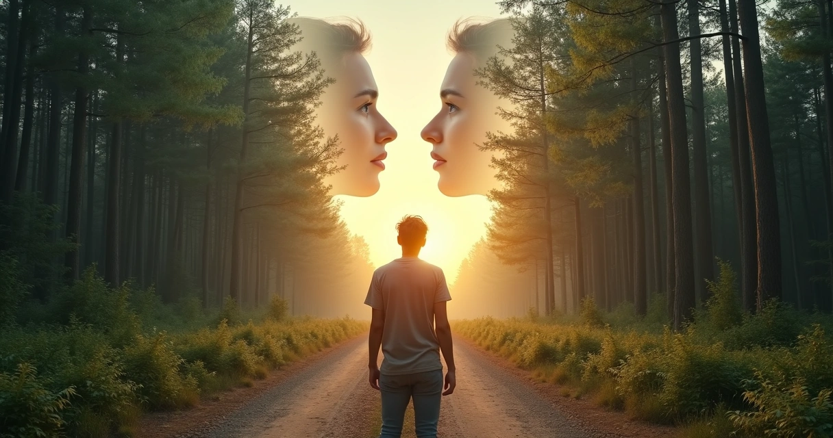 Pessoa refletindo diante de dois caminhos em paisagem natural 