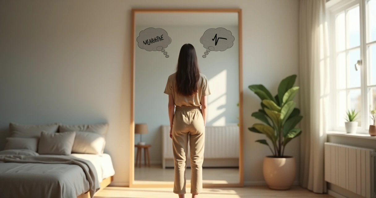 Jovem diante de espelho com reflexo mostrando balões de pensamento opostos 