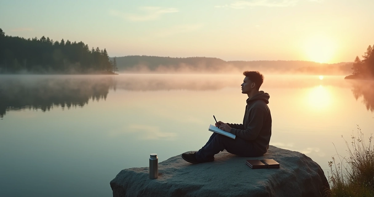 Pessoa sentada perto de um lago escrevendo em caderno refletindo em silêncio consigo mesma 