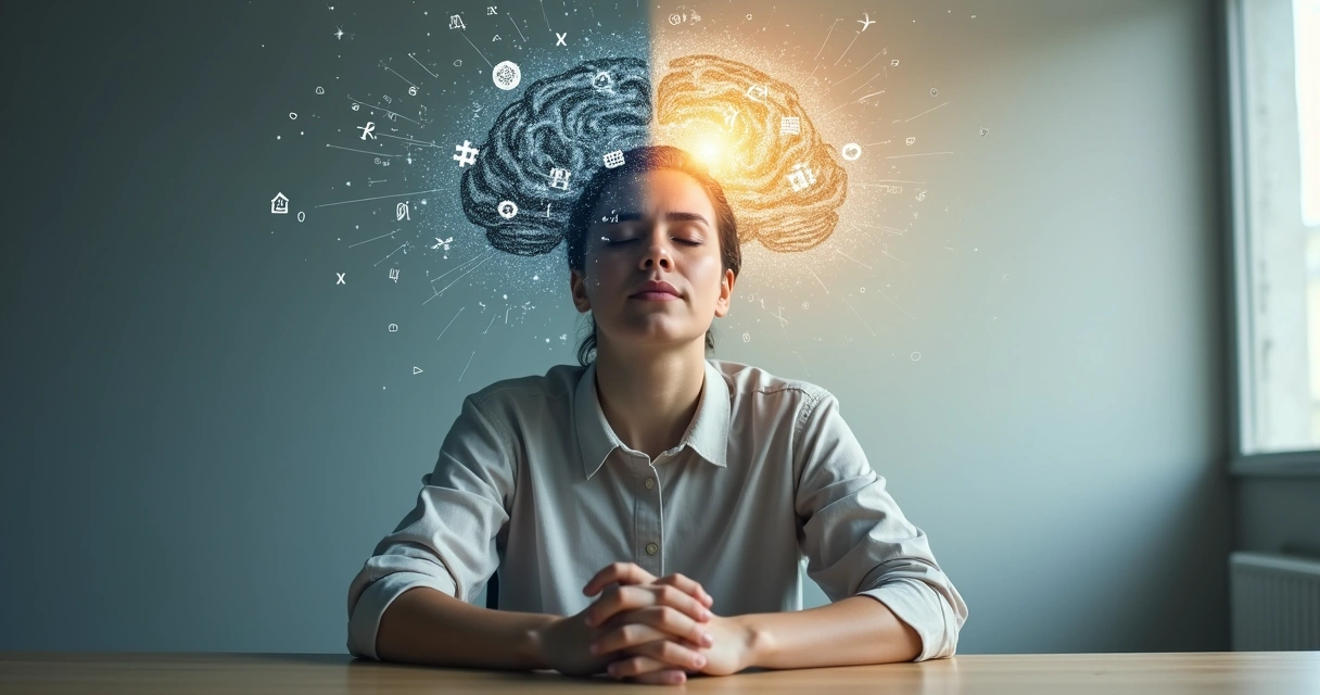 Pessoa de olhos fechados em reflexão com mente dividida entre caos e clareza 