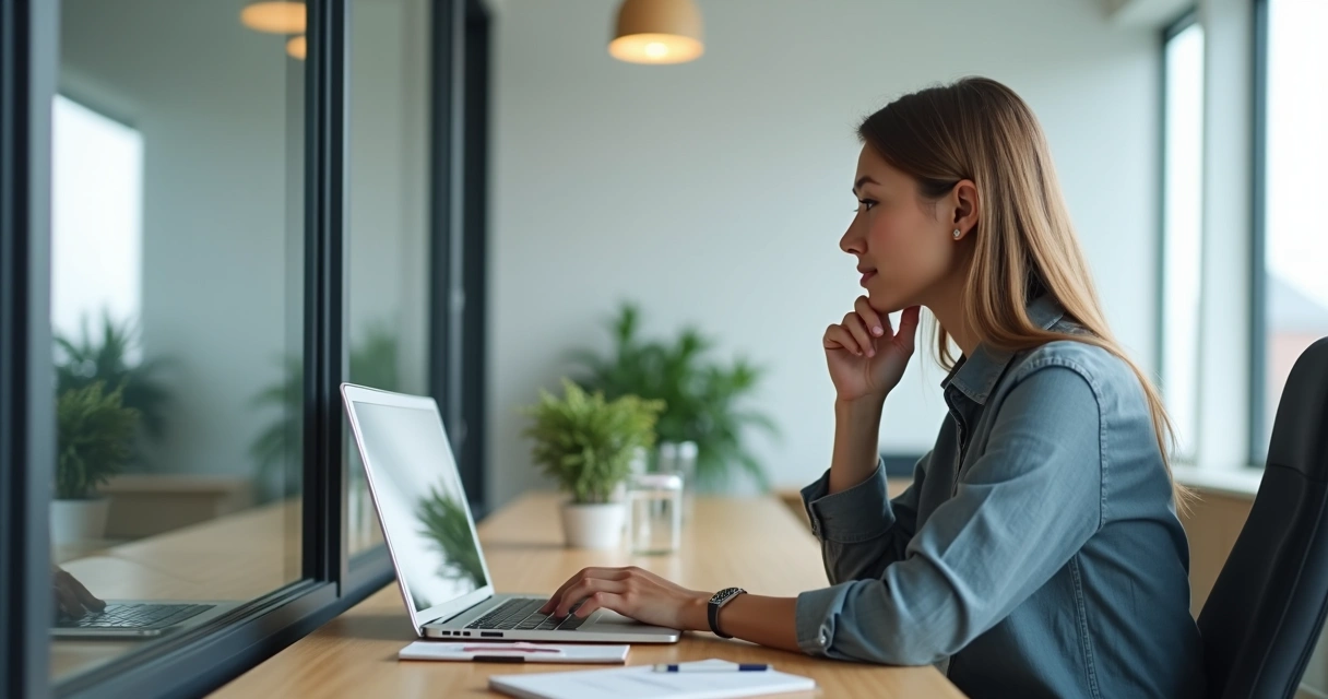 Profissional refletindo diante do computador em ambiente de trabalho calmo 