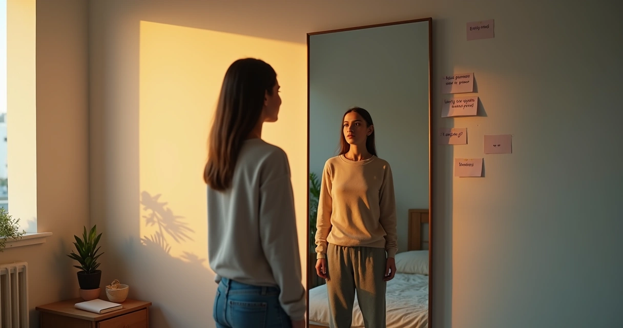Persona frente a espejo con reflejo luminoso y notas de autodiálogo positivo 