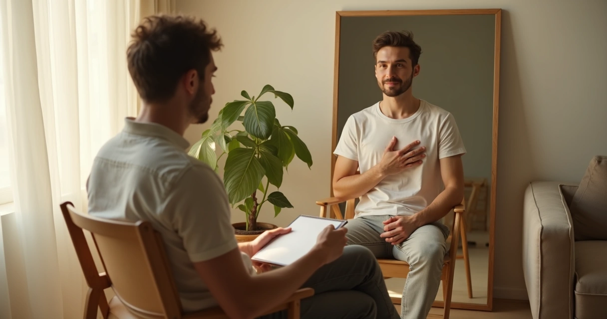 Pessoa em autodiálogo frente ao espelho com luz suave e expressão contemplativa 