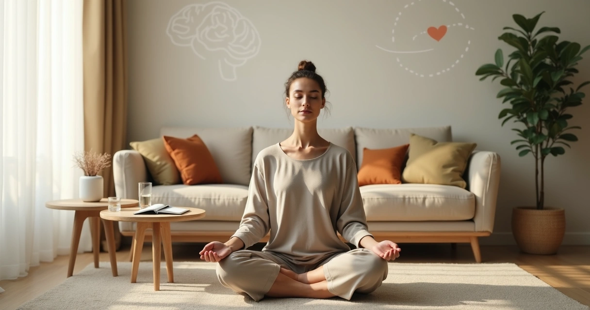 Pessoa sentada em posição de meditação em sala de estar iluminada organizando emoções com calma 