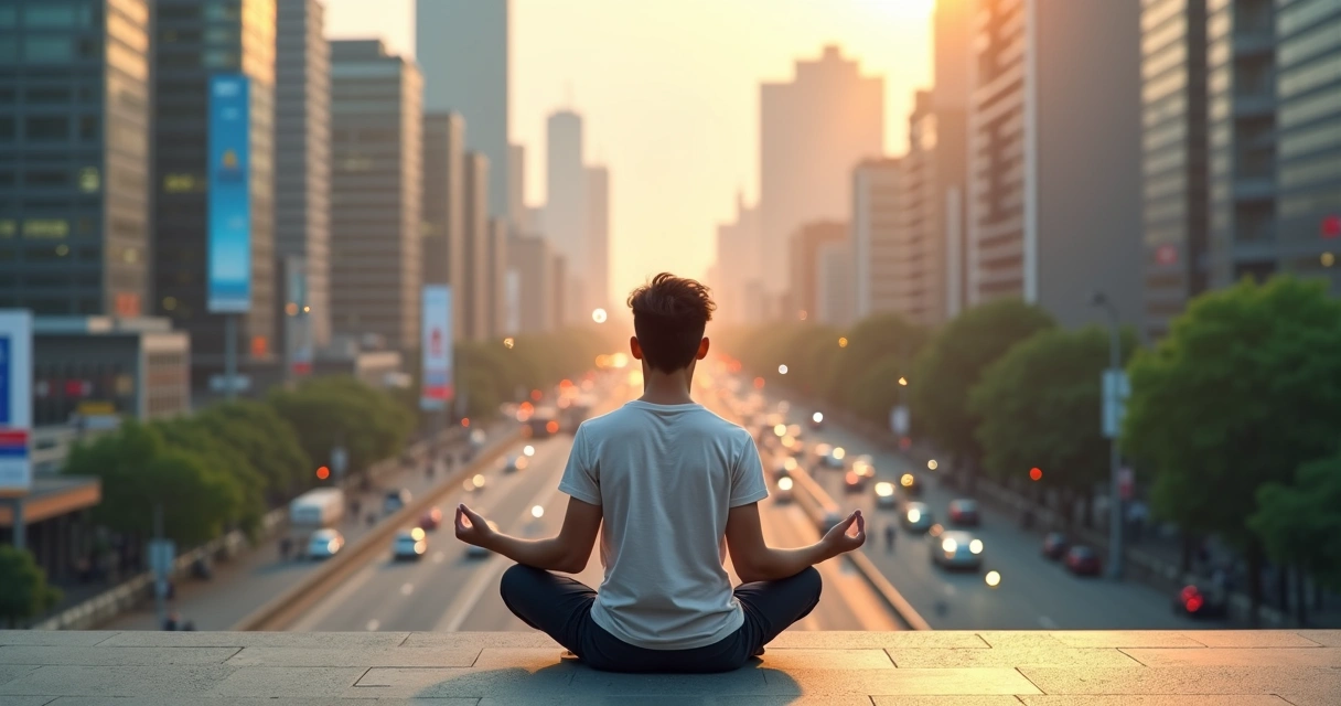 Pessoa meditando diante de cidade dividida entre caos e harmonia 