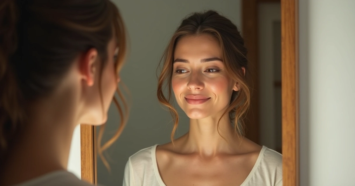 Mujer mirando su reflejo en el espejo con expresión serena 