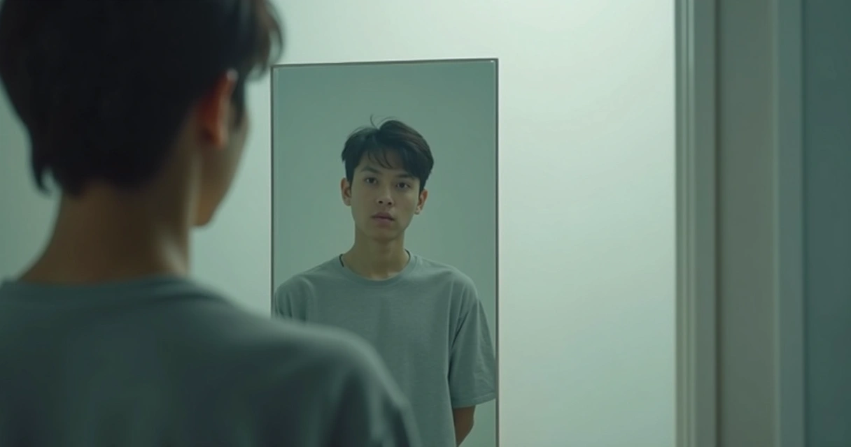 Pessoa olhando para o reflexo distorcido no espelho 