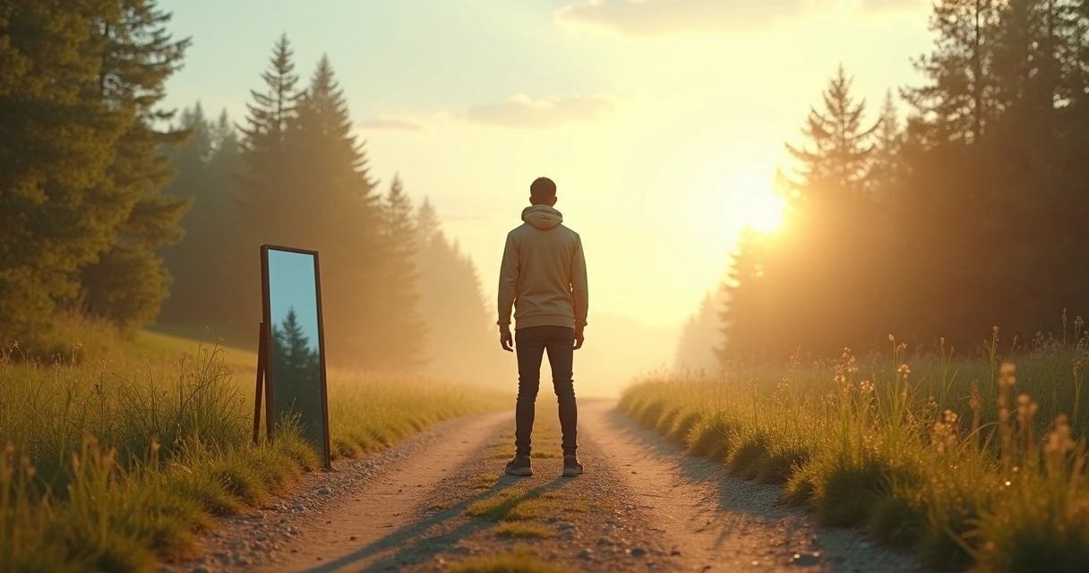 Pessoa em encruzilhada olhando para espelho grande ao ar livre 