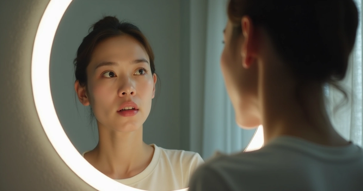 Pessoa olhando para o espelho, reflexo mostrando rosto com expressão diferente 