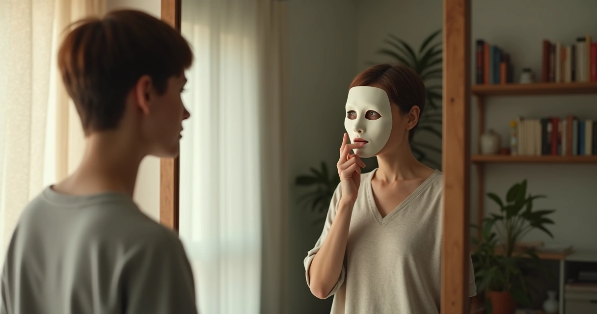 Pessoa segurando máscara diante do espelho em ambiente de reflexão 