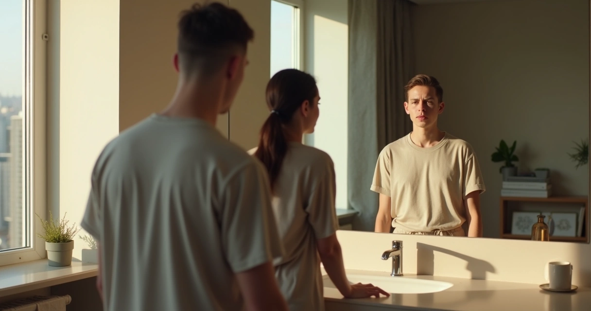 Pessoa diante do espelho com duas versões de si refletidas 