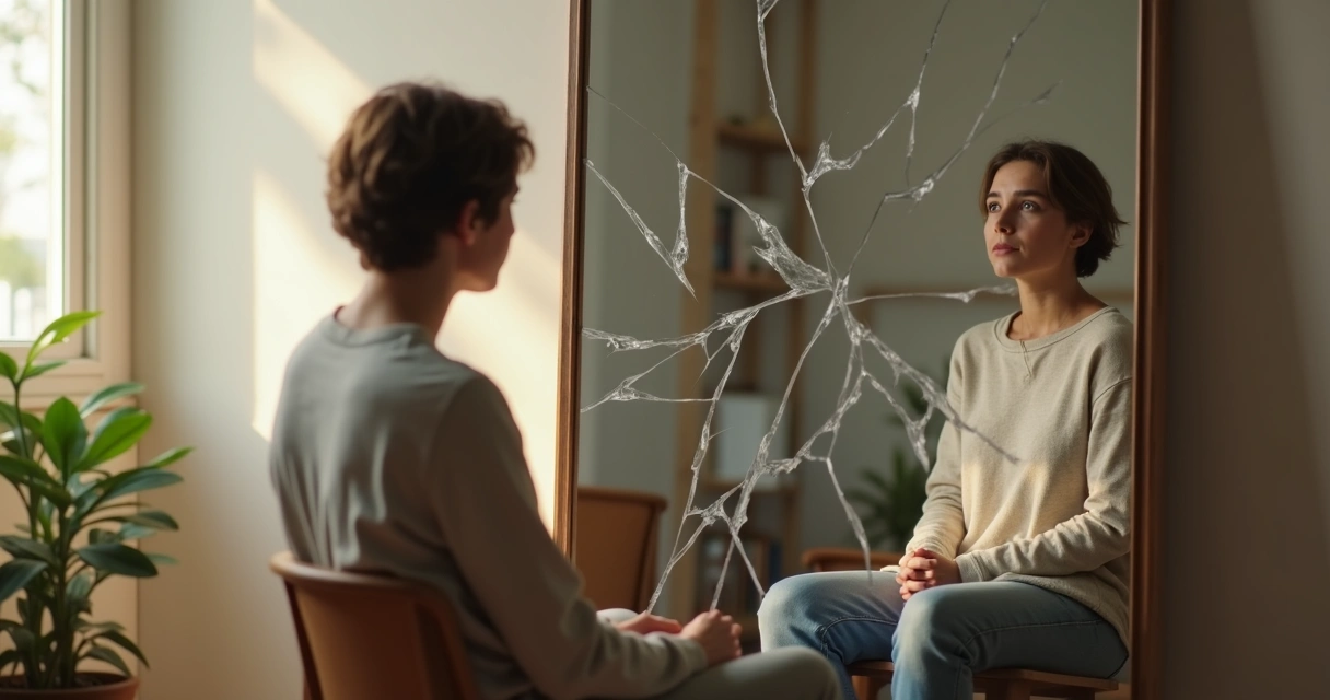 Persona mirando su reflejo fragmentado en un espejo roto 